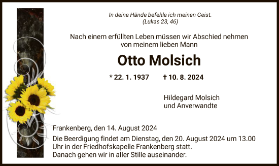 Todesanzeige von Otto Molsich von HNA