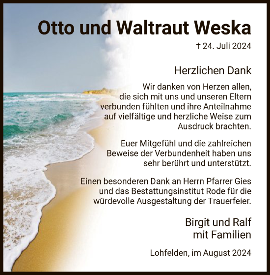 Todesanzeige von Otto und Waltraut Weska von HNA