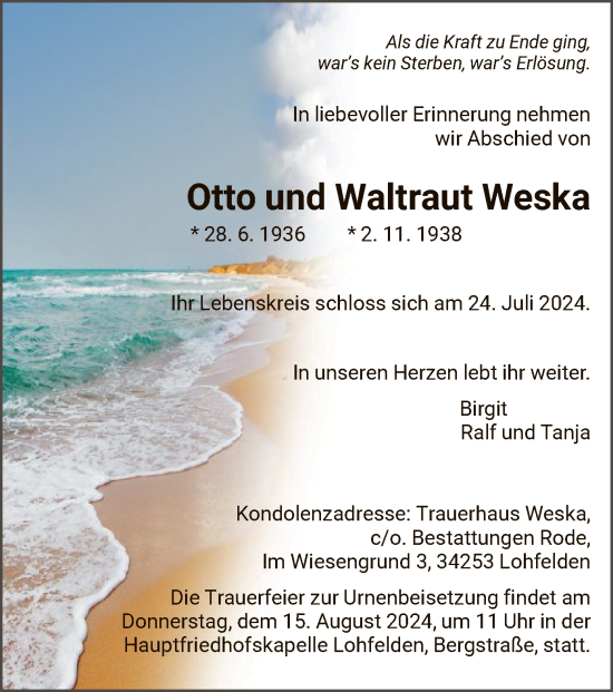 Todesanzeige von Otto und Waltraut Weska von HNA