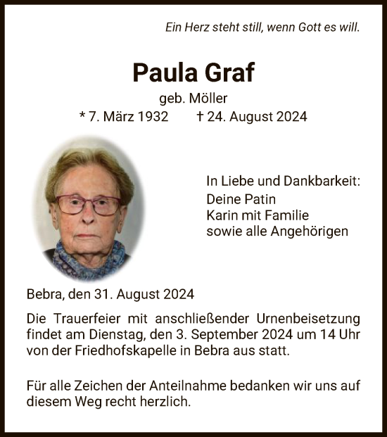 Todesanzeige von Paula Graf von HNA