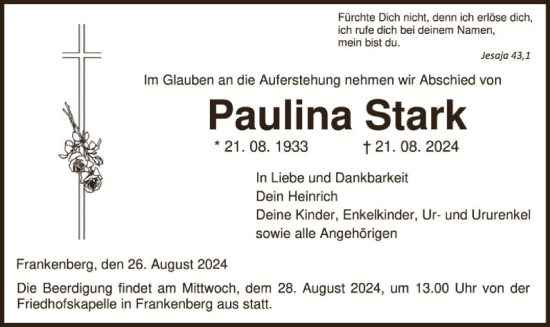 Todesanzeige von Paulina Stark von HNA