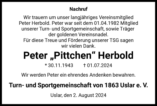 Todesanzeige von Peter Herbold von HNA