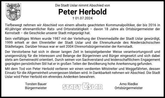 Todesanzeige von Peter Herbold von HNA