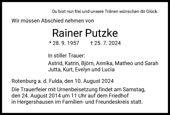 Todesanzeige von Rainer Putzke von HNA