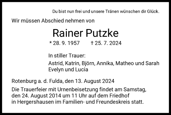 Todesanzeige von Rainer Putzke von HNA