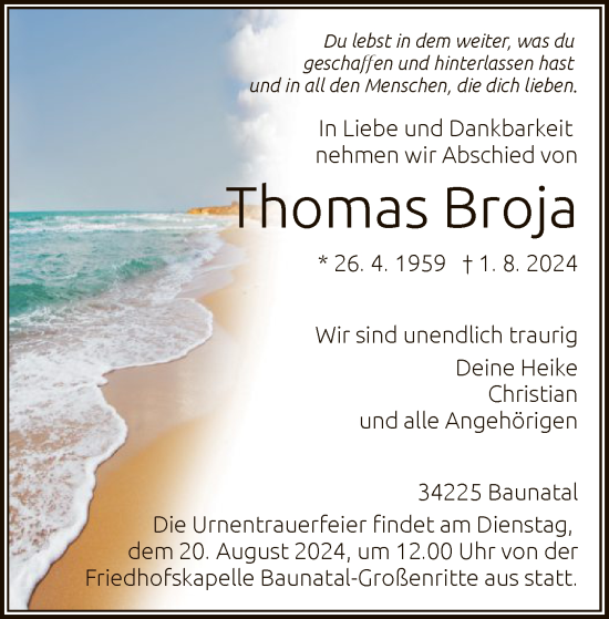 Todesanzeige von Thomas Broja von HNA