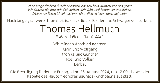 Todesanzeige von Thomas Hellmuth von HNA