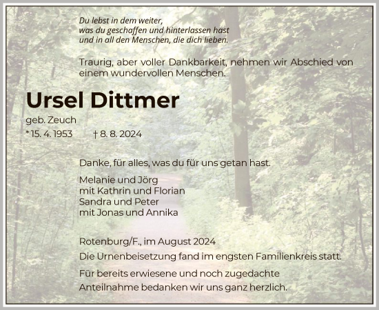 Todesanzeige von Ursel Dittmer von HNA