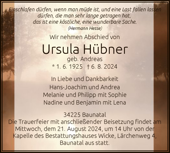 Todesanzeige von Ursula Hübner von HNA