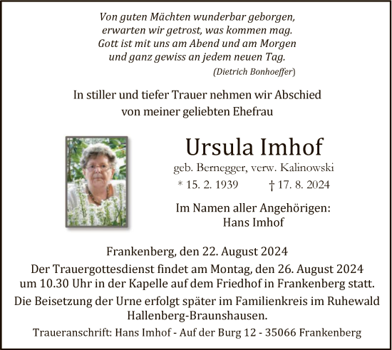 Todesanzeige von Ursula Imhof von HNA