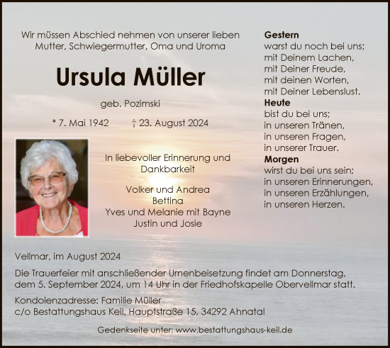 Todesanzeige von Ursula Müller von HNA