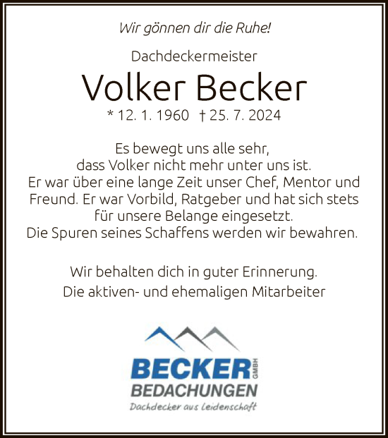 Todesanzeige von Volker Becker von HNA