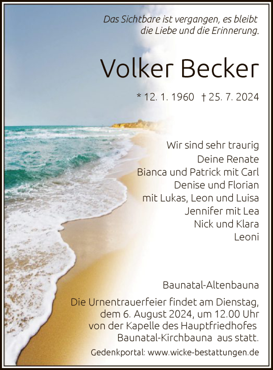 Todesanzeige von Volker Becker von HNA