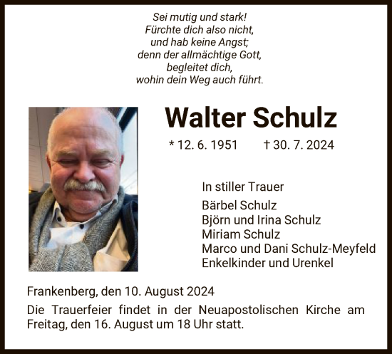 Todesanzeige von Walter Schulz von HNA