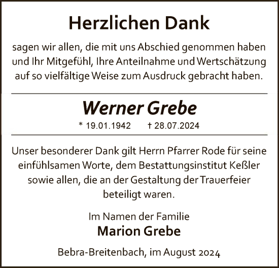 Todesanzeige von Werner Grebe von HNAHNA