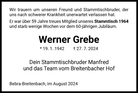 Todesanzeige von Werner Grebe von HNA