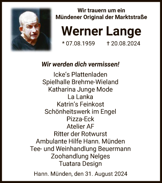 Todesanzeige von Werner Lange von HNA