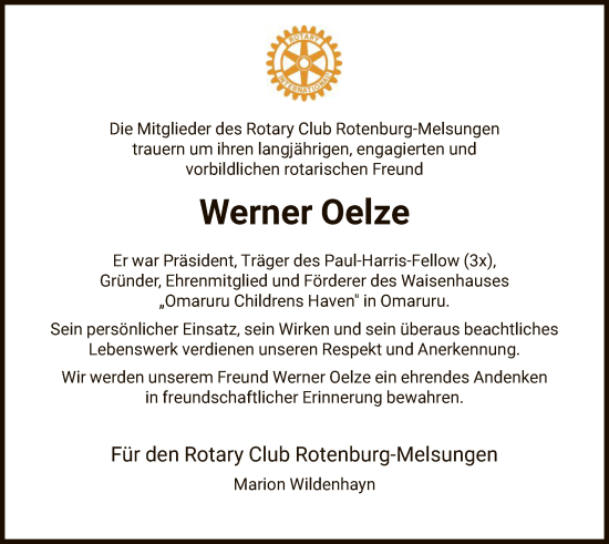 Todesanzeige von Werner Oelze von HNA