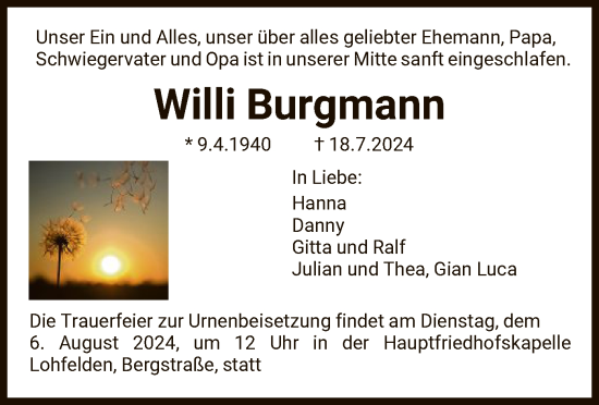 Todesanzeige von Willi Burgmann von HNA