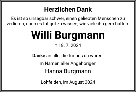 Todesanzeige von Willi Burgmann von HNA