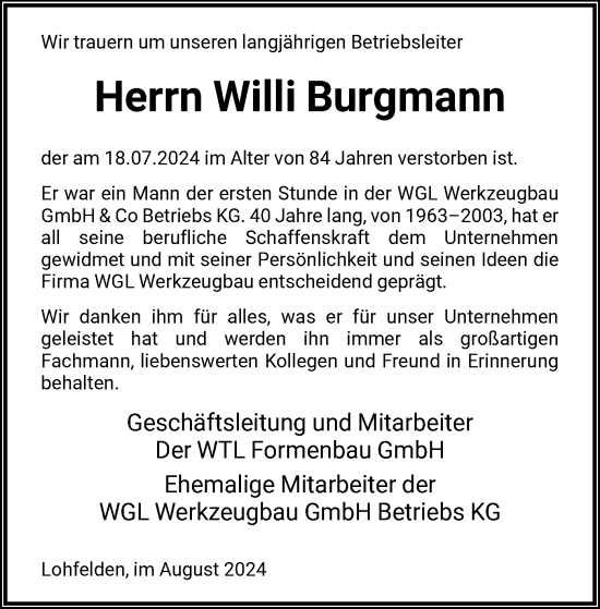 Todesanzeige von Willi Burgmann von HNA