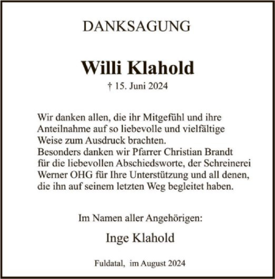 Todesanzeige von Willi Klahold von HNA