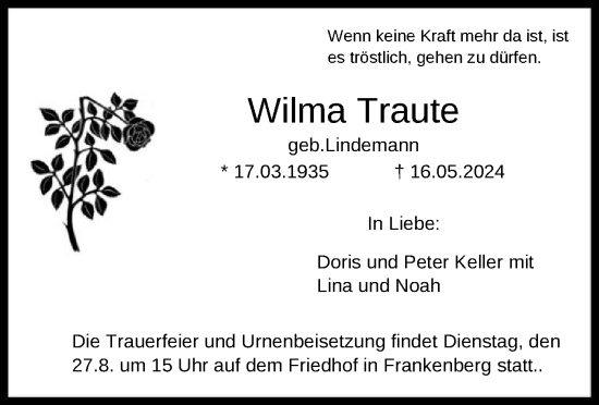 Todesanzeige von Wilma Traute von HNA