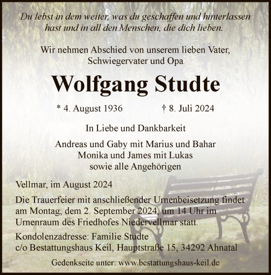 Todesanzeige von Wolfgang Studte von HNA