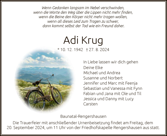 Todesanzeige von Adi Krug von HNA