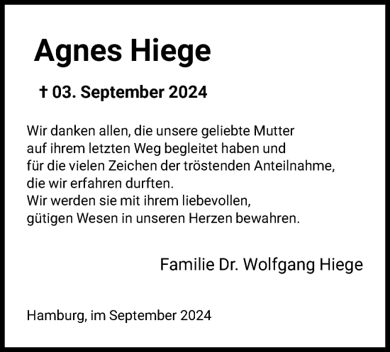 Todesanzeige von Agnes Hiege von HNA