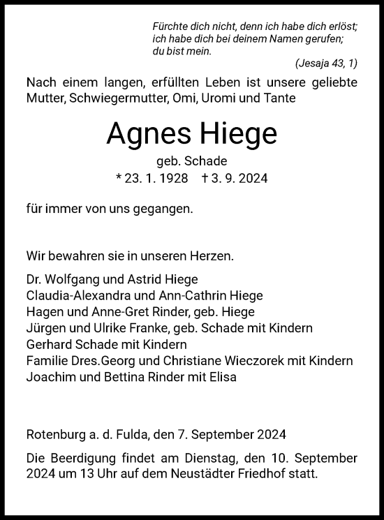 Todesanzeige von Agnes Hiege von HNA