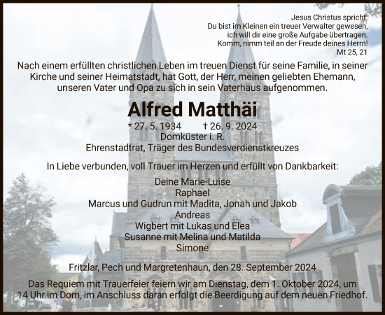 Todesanzeige von Alfred Matthäi von HNA