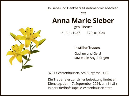 Todesanzeige von Anna Marie Sieber von HNA