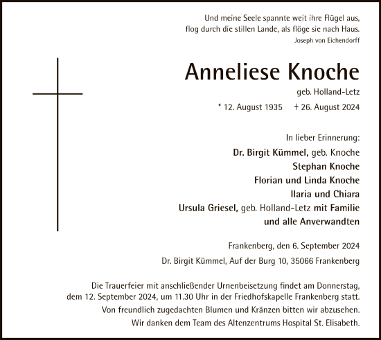 Todesanzeige von Anneliese Knoche von HNA