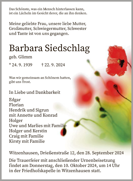 Todesanzeige von Barbara Siedschlag von HNA