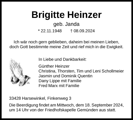 Todesanzeige von Brigitte Heinzer von HNA