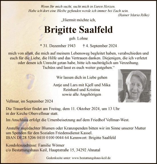 Todesanzeige von Brigitte Saalfeld von HNA