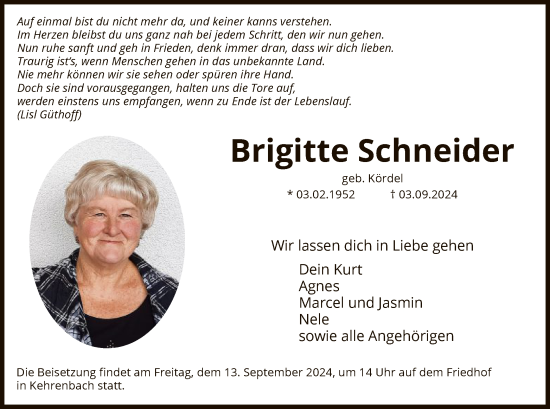 Todesanzeige von Brigitte Schneider von HNA