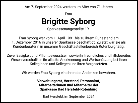 Todesanzeige von Brigitte Syborg von HNA