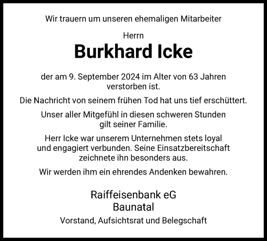 Todesanzeige von Burkhard Icke von HNA