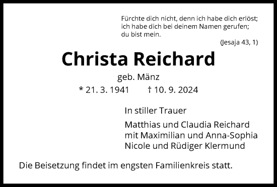 Todesanzeige von Christa Reichard von HNA