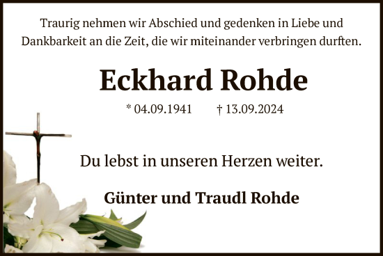 Todesanzeige von Eckhard Rohde von HNA