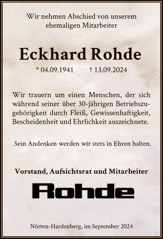 Todesanzeige von Eckhard Rohde von HNA