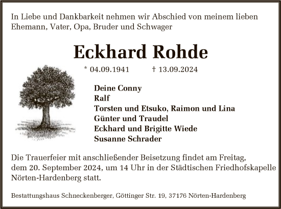 Todesanzeige von Eckhard Rohde von HNA