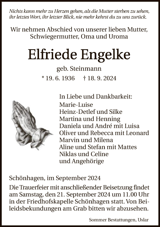 Todesanzeige von Elfriede Engelke von HNA