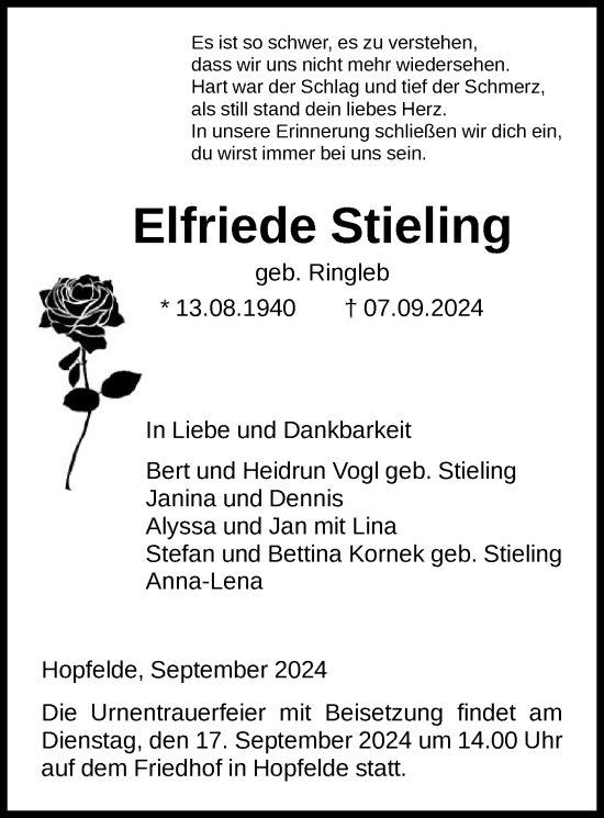 Todesanzeige von Elfriede Stieling von HNA