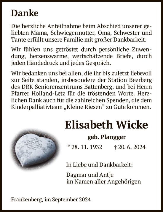 Todesanzeige von Elisabeth Wicke von HNA