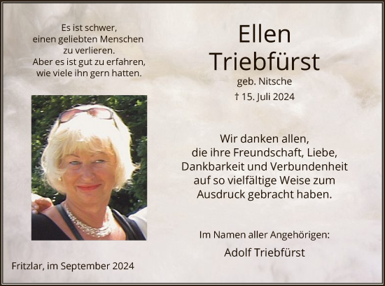 Todesanzeige von Ellen Triebfürst von HNA