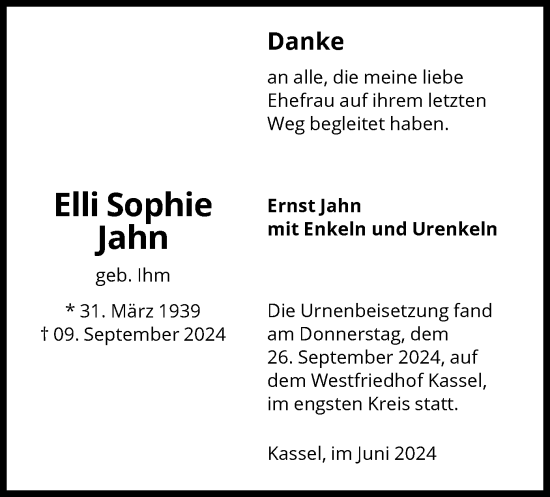 Todesanzeige von Elli Jahn von HNA