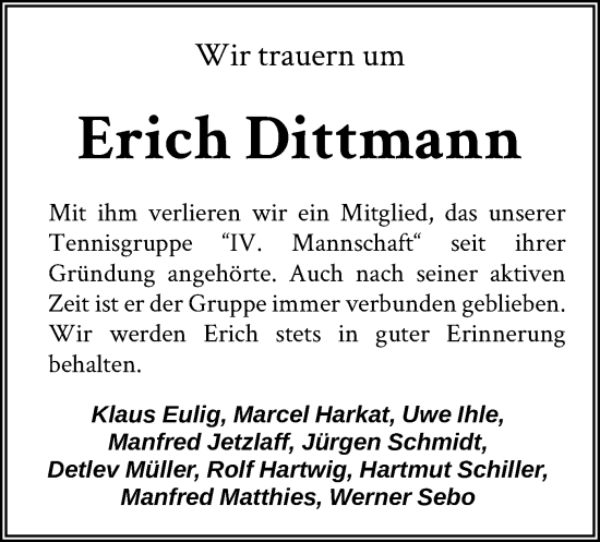 Todesanzeige von Erich Dittmann von HNA